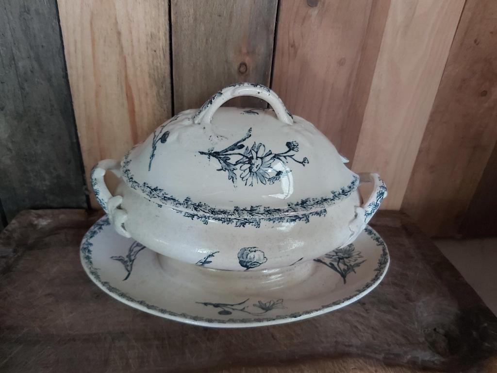 Prachtige oude franse sauciere / sauskom / juskom met deksel, Ophalen of Verzenden