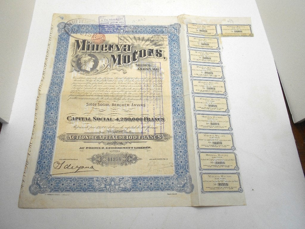 action " Minerva motors "1911 moteurs automobiles Anvers, Antiquités & Art, Enlèvement ou Envoi
