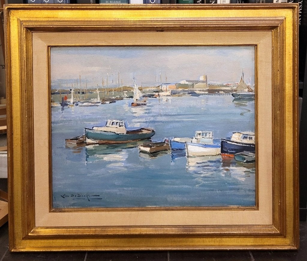 Luc DE DECKER, havengezicht, Antiquités & Art, Enlèvement ou Envoi, Panneau, Maritime / eau, Signé