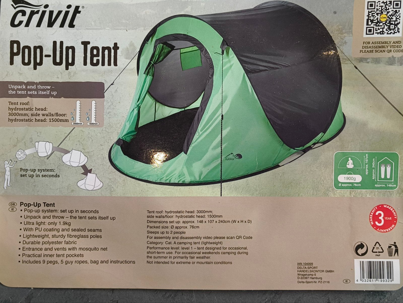 popup tent 2 personen, Ophalen