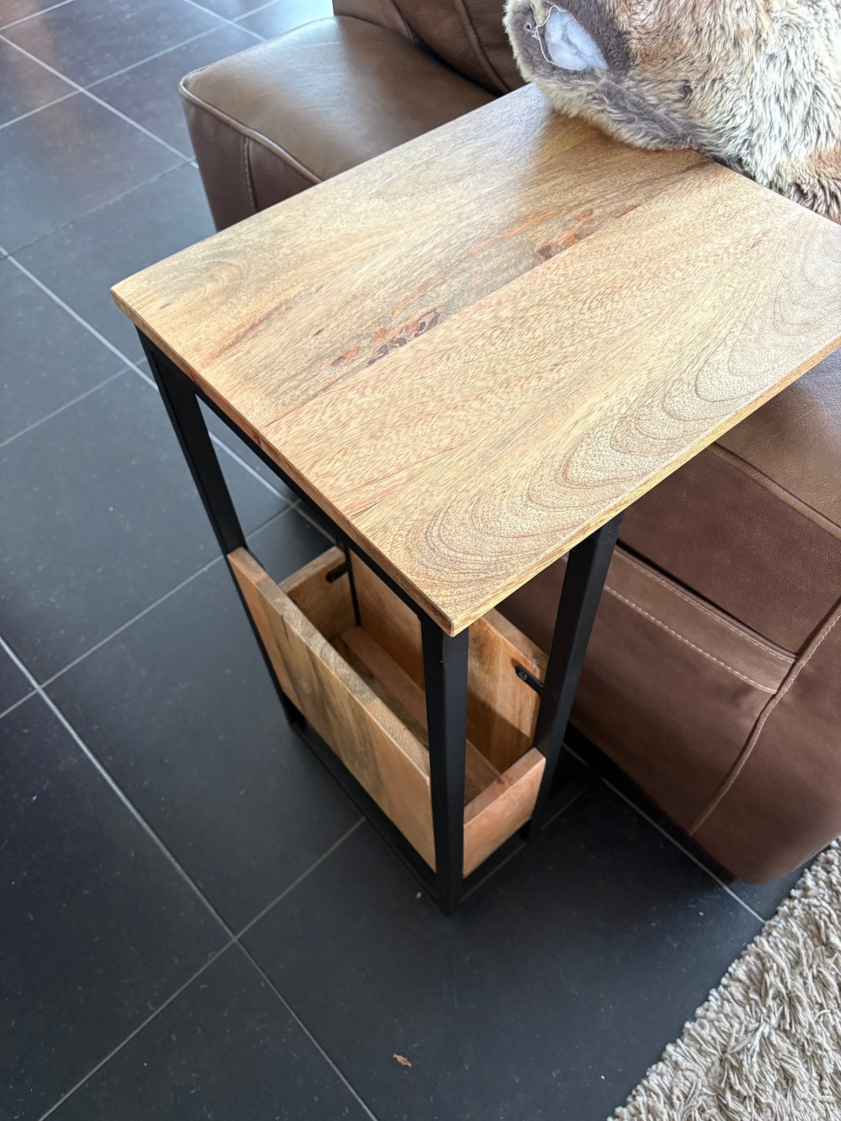 Bijzettafel 20*30 eik en zwart metaal, Ophalen, Zo goed als nieuw, Metaal