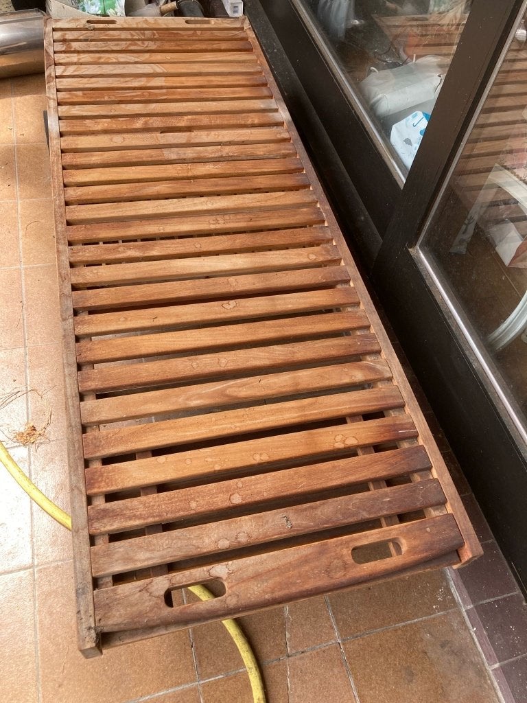 Ligbed teak, Ophalen, Gebruikt, Teakhout, Verstelbaar