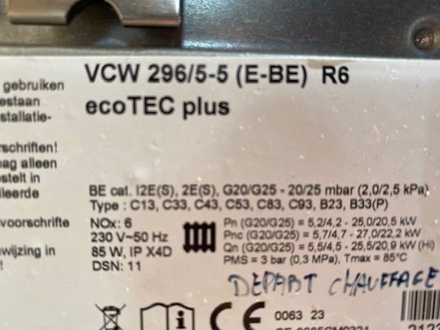 Vaillant EcoTec plus VCW296, Bricolage & Construction, Chauffe-eau & Boilers, Utilisé, Boiler, Gaz naturel, Moins de 20 litres