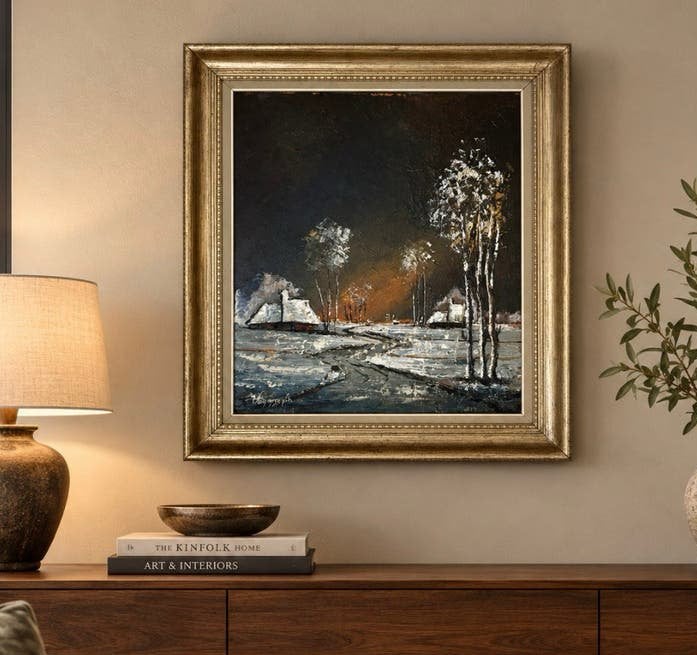 Prachtig Winters Landschap – gesigneerd - uit 1973, Daté, Peinture à l'huile, Panneau, Paysage