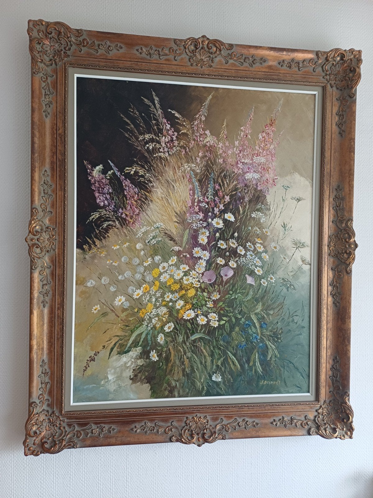 Groot verguld houten kader met schilderij (veldbloemen), Ophalen