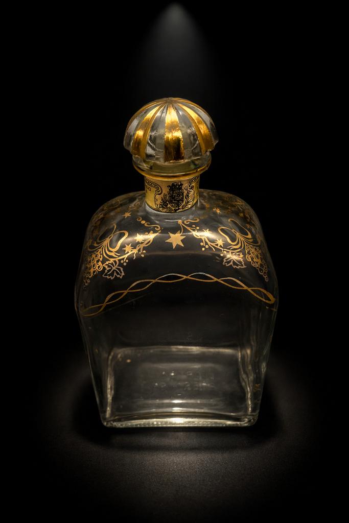 Vintage gouden glazen karaf met kurk — chique barinrichting, Ophalen of Verzenden