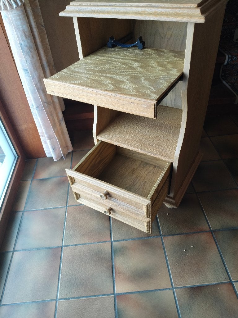 Eiken hal kastje met uitschuifbare plank en lade, Ophalen, Minder dan 50 cm, Massief eik, Eikenhout