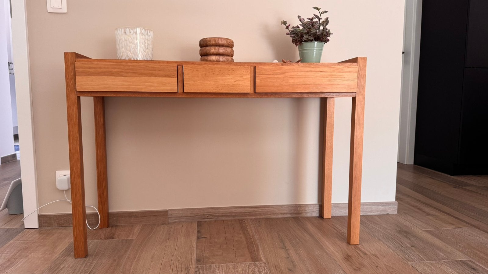 Console Hanita en Chêne naturel - 3 tiroirs, Maison & Meubles, 3 ou 4 tiroirs, Enlèvement, Comme neuf, Chêne