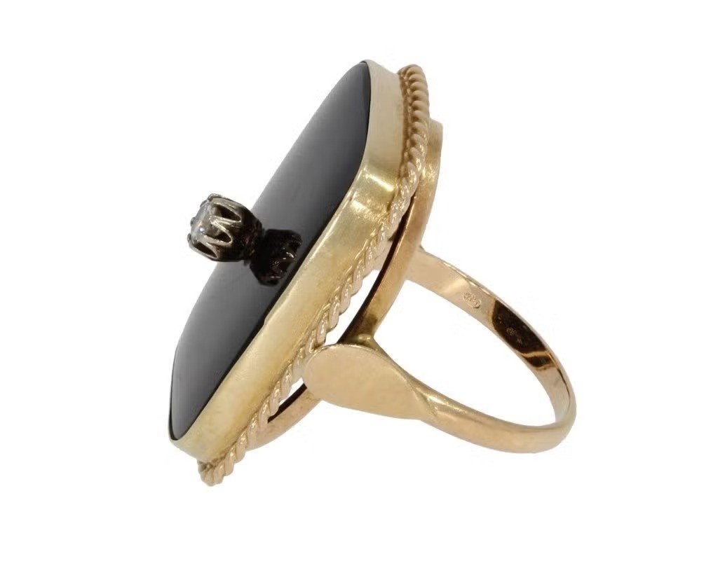 Diamant onyx robuuste 14k gouden ring dame briljant vintage, Ophalen of Verzenden, Zo goed als nieuw, Dame of Heer, Met edelsteen