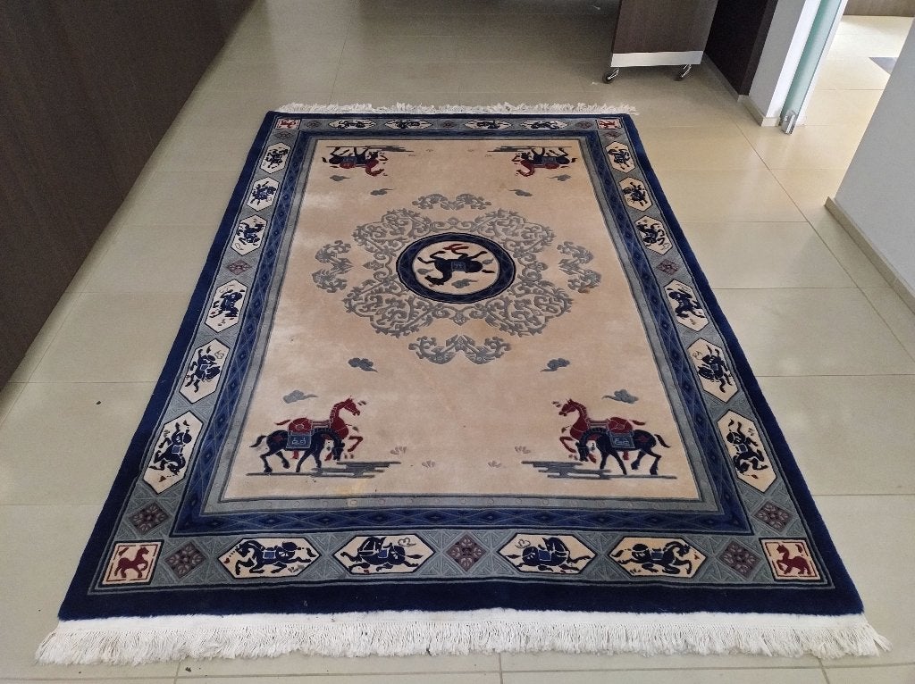 Blauw/beige (verkleurd wit) tapijt in gebruikte staat, Bleu, 200 cm ou plus, 200 cm ou plus, Enlèvement