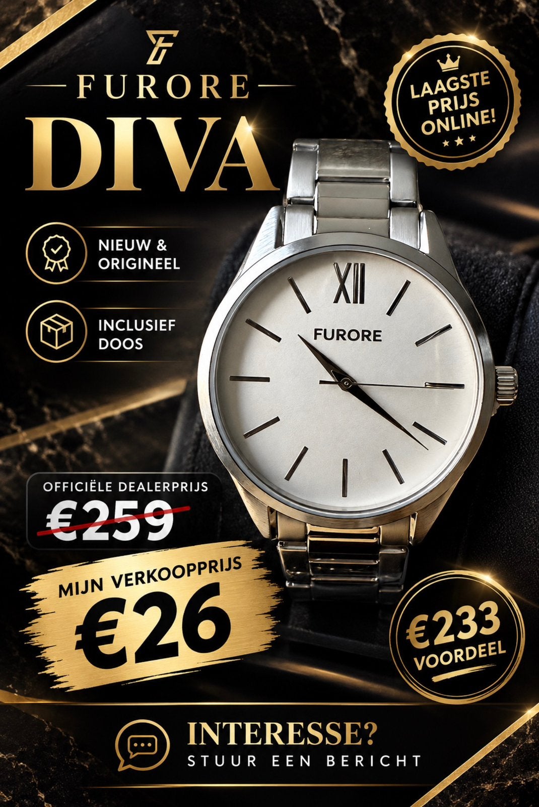 FURORE DIVA DAMESHORLOGE T.W.V.259€! 💯%NIEUW, ORIGINEEL, Ophalen of Verzenden, Nieuw, Polshorloge