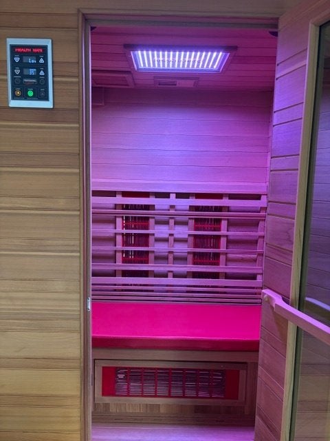 HEALTH-MATE infraroodsauna 2/3pers, Sport en Fitness, Ophalen, Zo goed als nieuw, Infrarood, Complete sauna