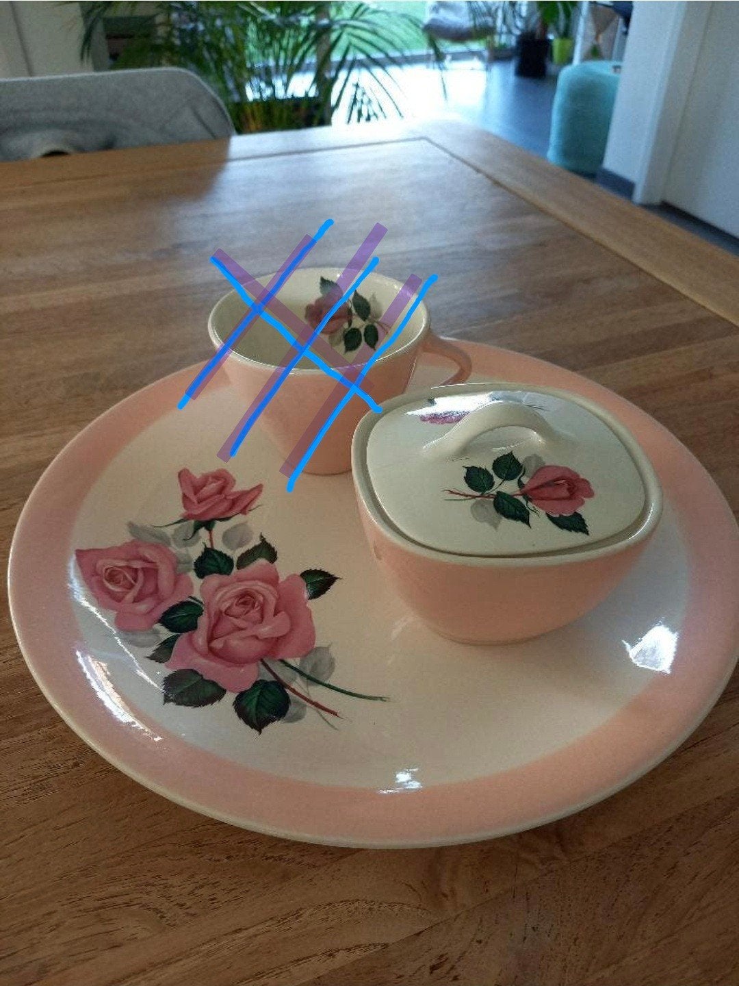 Boch Rosita pastel rand roosjes schotel suikerpotje, Antiek en Kunst, Antiek | Servies los, Ophalen of Verzenden