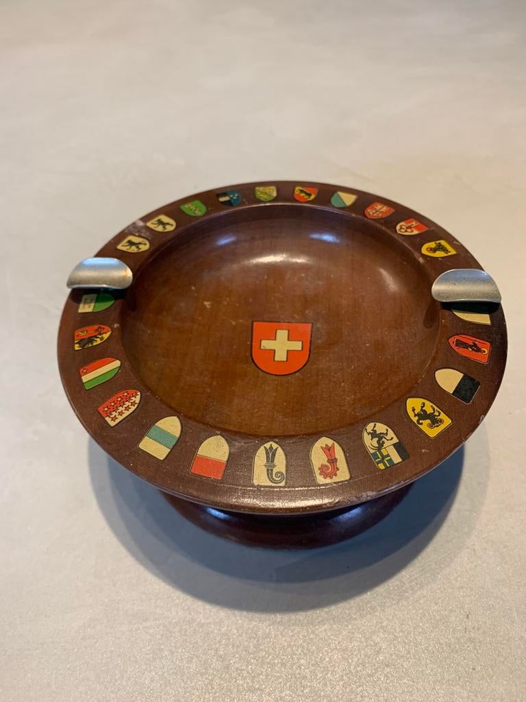 vintage houten asbak uit Zwitserland - flags, Ophalen of Verzenden, Asbak