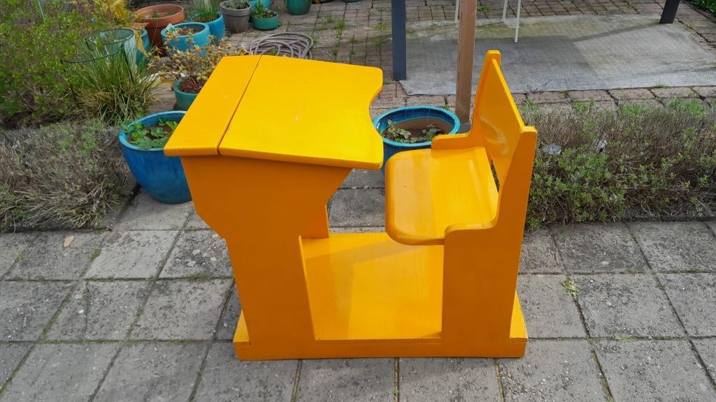 Vintage schoolbankje, Huis en Inrichting, Ophalen, Gebruikt, Hout, Geel