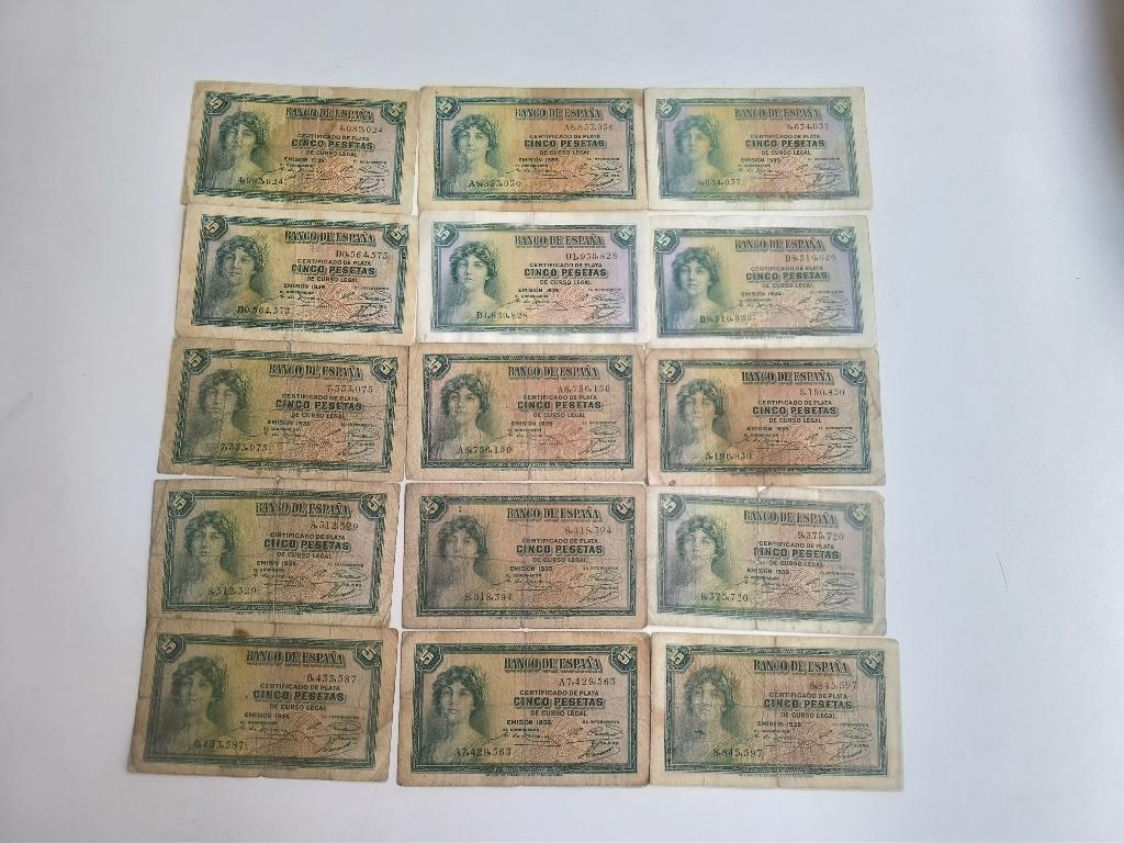 15 antieke bankbiljetten van 5 pesetas bonco de Espana, Postzegels en Munten, Ophalen of Verzenden, Overige landen, Los biljet