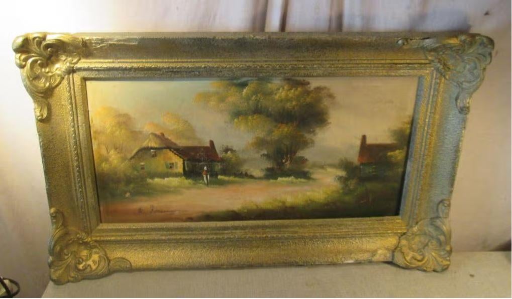 Belle œuvre peinte ancienne « Ferme et grange » - signée, Antiquités & Art, Enlèvement ou Envoi