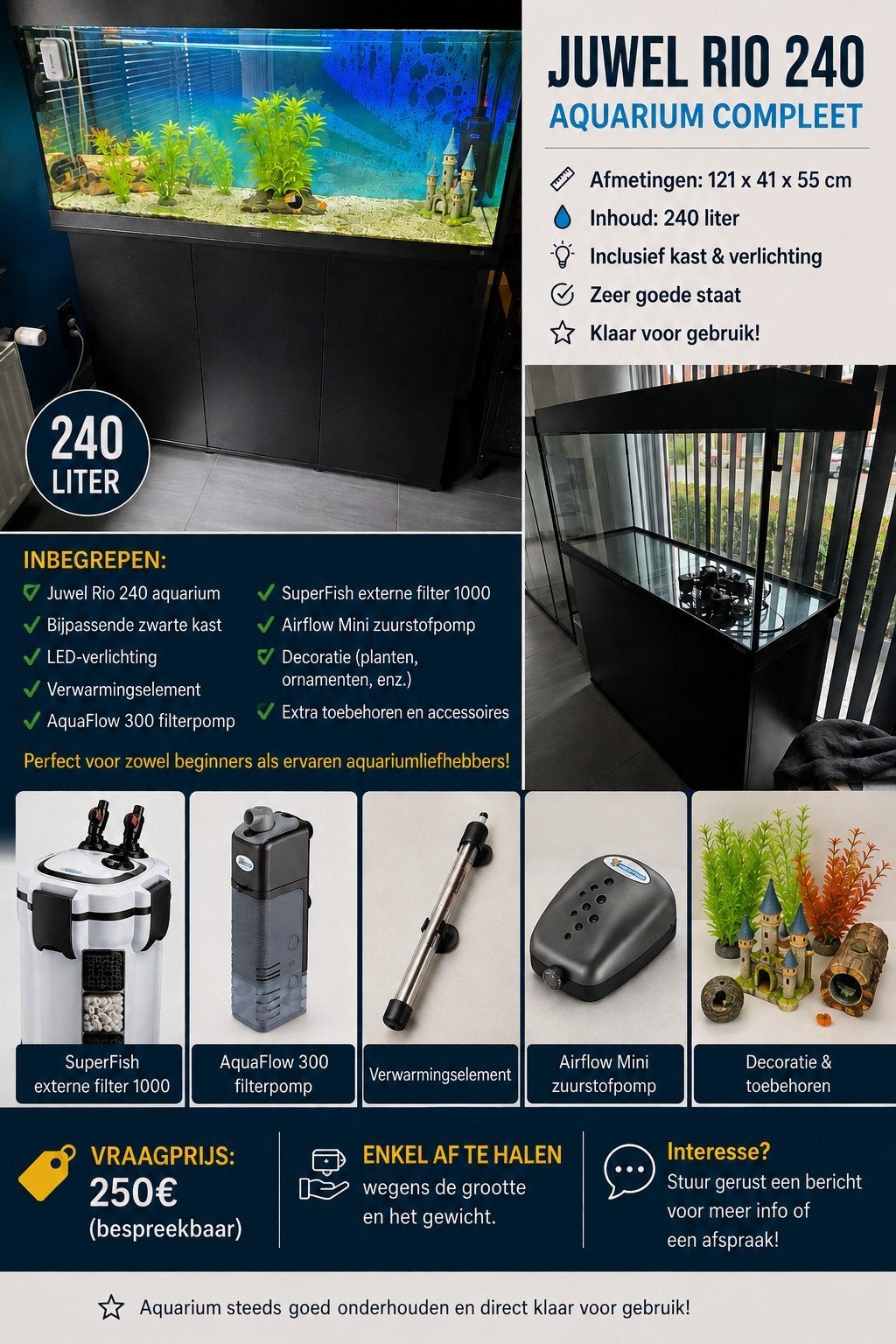 juwel rio 240L met bijhorende kast. met toebehoren bij, Animaux & Accessoires, Poissons | Aquariums & Accessoires, Poissons inclus