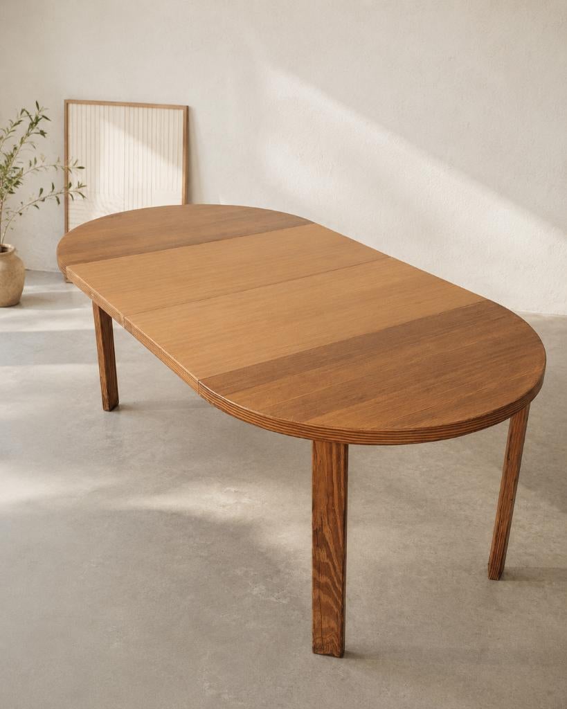 Scandinavische uitschuifbare ronde tafel in massief grenen, Huis en Inrichting, Ophalen, Grenenhout