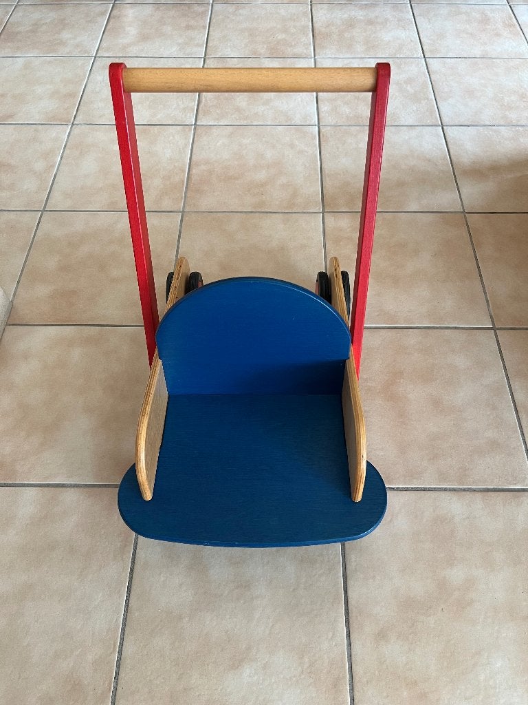 Stevige houten loopwagen / blokkenkar retro (rood/blauw), Kinderen en Baby's, Speelgoed | Houten speelgoed, Ophalen, Zo goed als nieuw