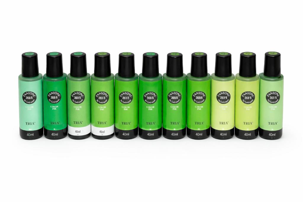 11 flacons encre Pantone TRIA verts 353–367-Ti, Enlèvement ou Envoi, Comme neuf, Autres types
