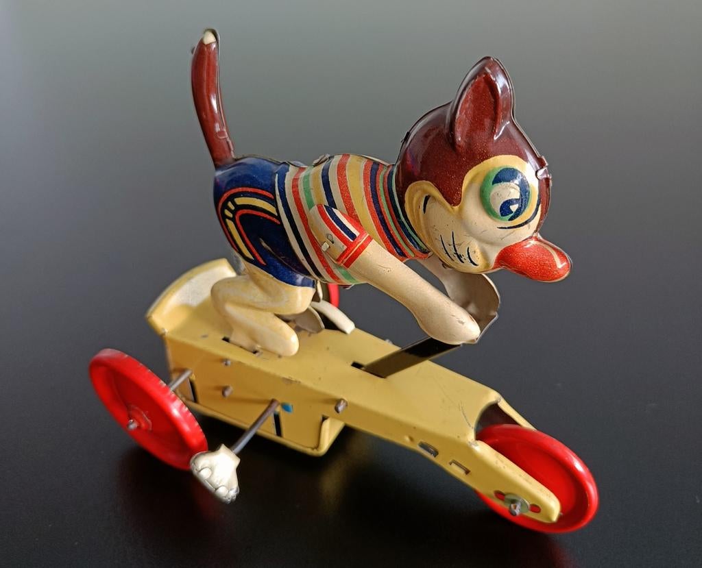 Vintage blikken Bonzo kat op driewieler., Antiek en Kunst, Ophalen of Verzenden