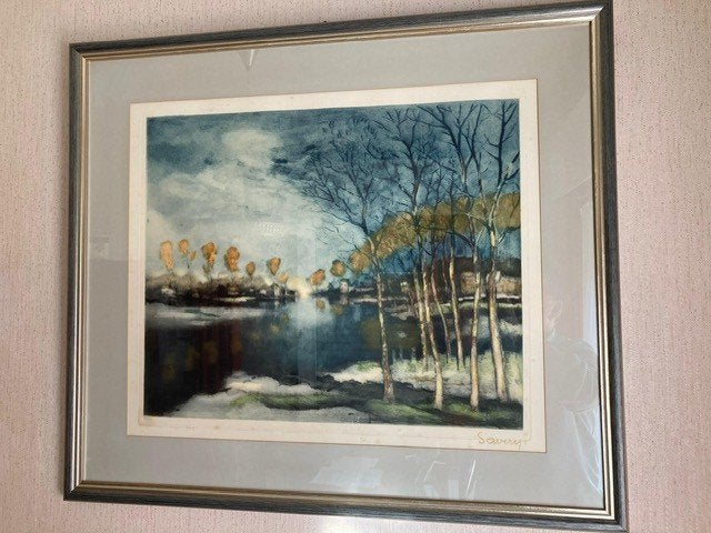 Albert Saverys Litho : un hiver sur la Lys, Antiquités & Art, Enlèvement ou Envoi, Paysages, Lithographie