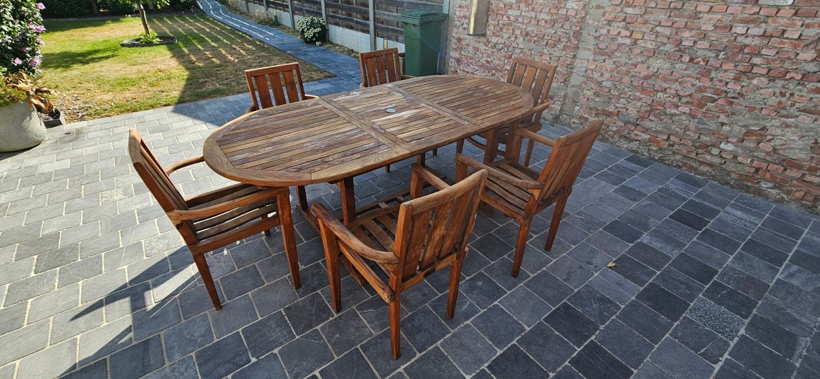 teak tuintafel met 6 stoelen, Ophalen, Gebruikt, 6 zitplaatsen, Teakhout