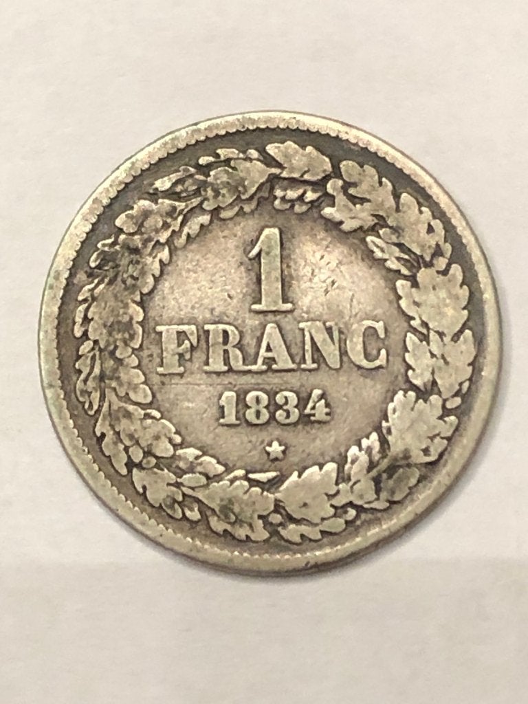 Munt zilver België 1 FR Leop I gelauwerd jaartal 1834, Zilver, Ophalen of Verzenden, Losse munt, Zilver