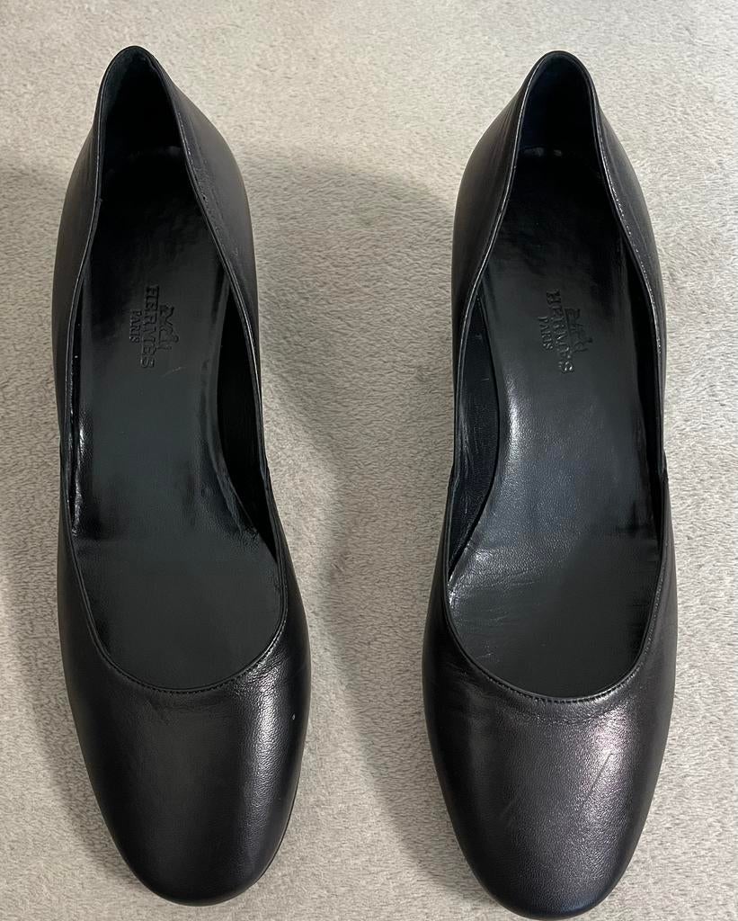 Ballerines compensées Hermès HONORE 45- cuir de chèvre noir, Enlèvement ou Envoi, Comme neuf, Ballerines, Noir