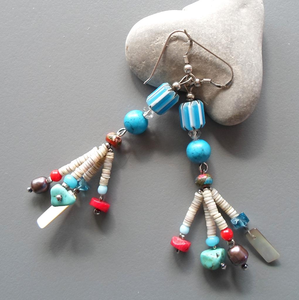 Indiaanse oorbellen van zilver, koraal en turkoois, Handtassen en Accessoires, Oorbellen, Hangers, Nieuw, Ophalen of Verzenden