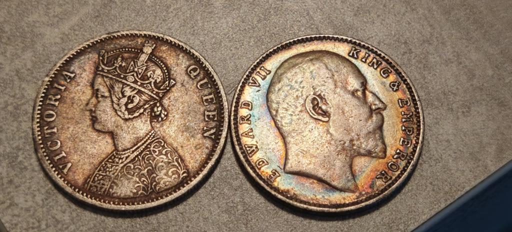 India,1 Rupee 1876 + 1907,zilveren, mooi patina, Enlèvement ou Envoi, Asie du Sud, Série, Argent