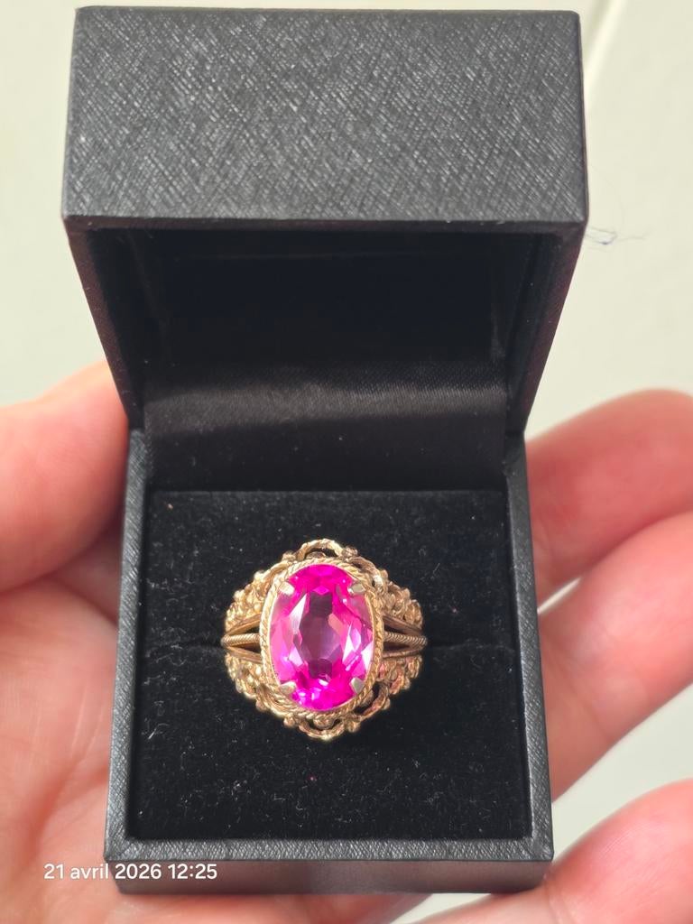 Magnifique bague en argent 875 plaqué or avec saphir rose, Or, Comme neuf, Enlèvement, Argent