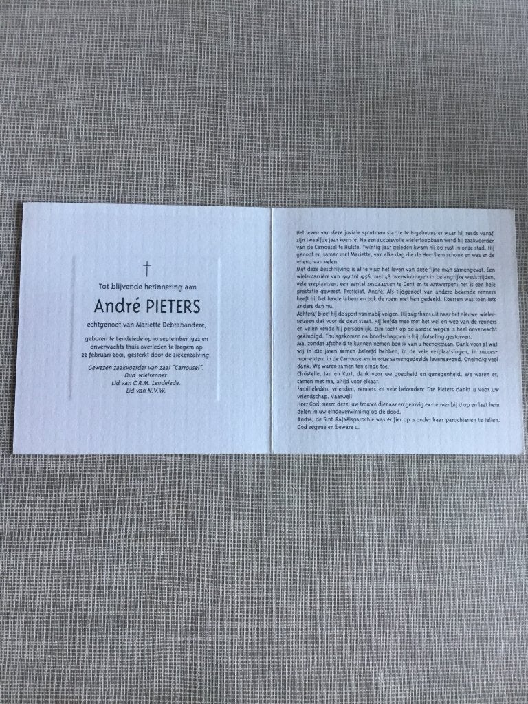 Wielrenner A.Pieters Lendelede +Izegem 2001, Verzenden, Bidprentje