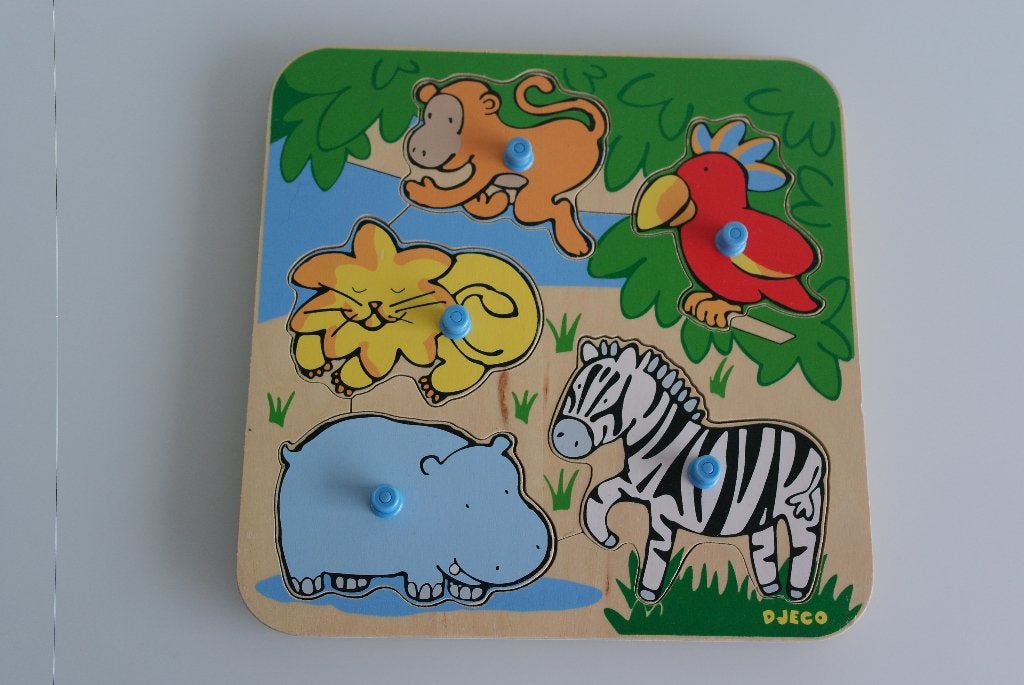puzzle incrusté d'animaux sauvages en bois Djeco, Enlèvement ou Envoi, Comme neuf, En bois