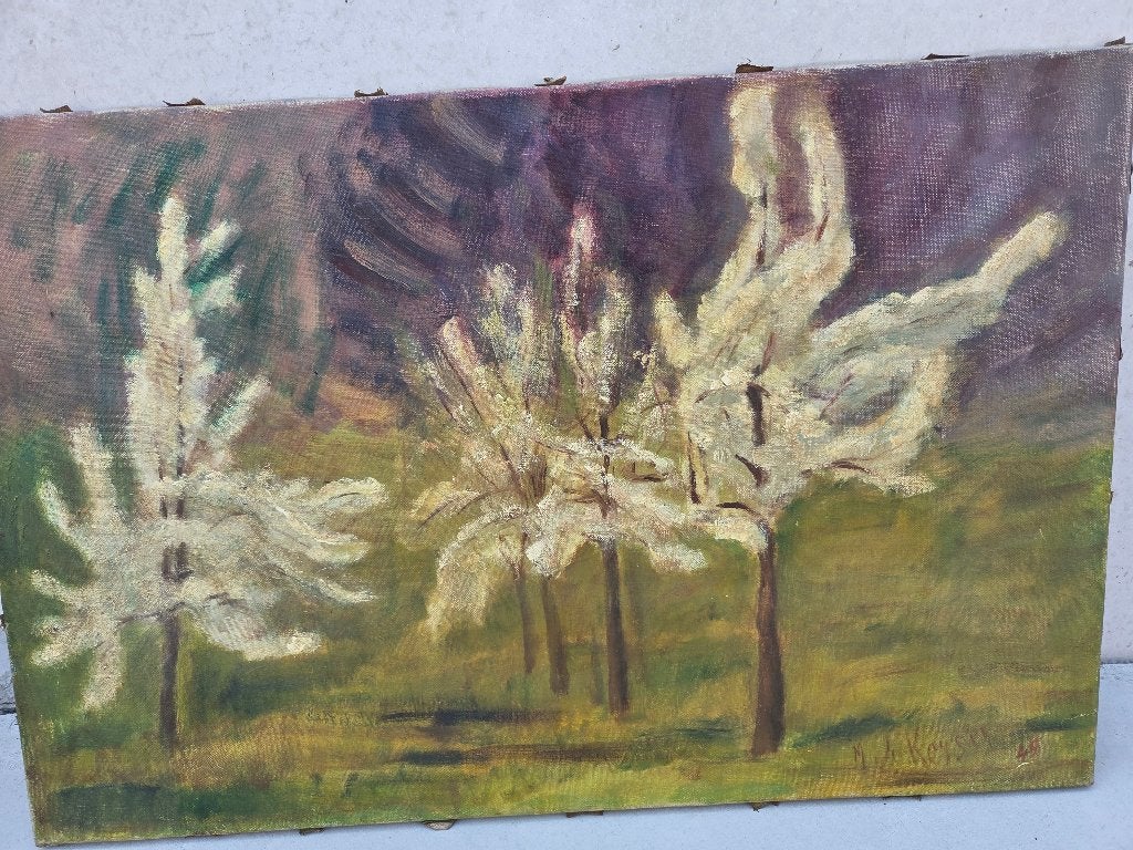 M De Keyser : peinture « Arbres en fleurs », Peinture acrylique, Autres matériaux, Peint à la main, Enlèvement