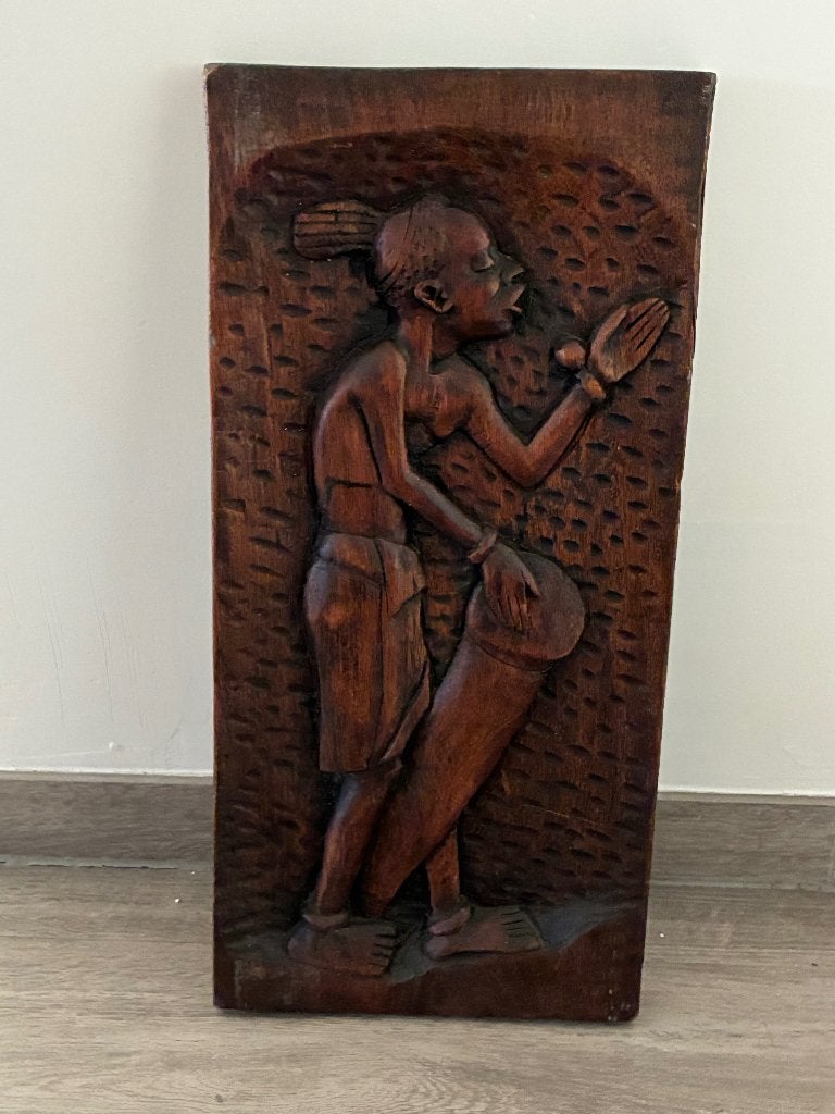 vintage Afrikaans wandpaneel, Antiek en Kunst, Kunst | Beelden en Houtsnijwerken, Ophalen, Wanddecoratie, 20 - 50 cm, Gepatineerd