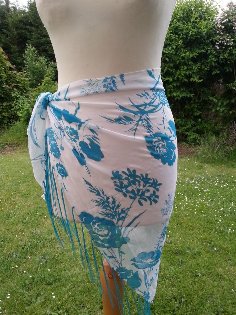 pareo  / foulard wit/turquoise-groen franjes glitters goud, Ophalen of Verzenden, Zo goed als nieuw, Overige kleuren, Overige typen