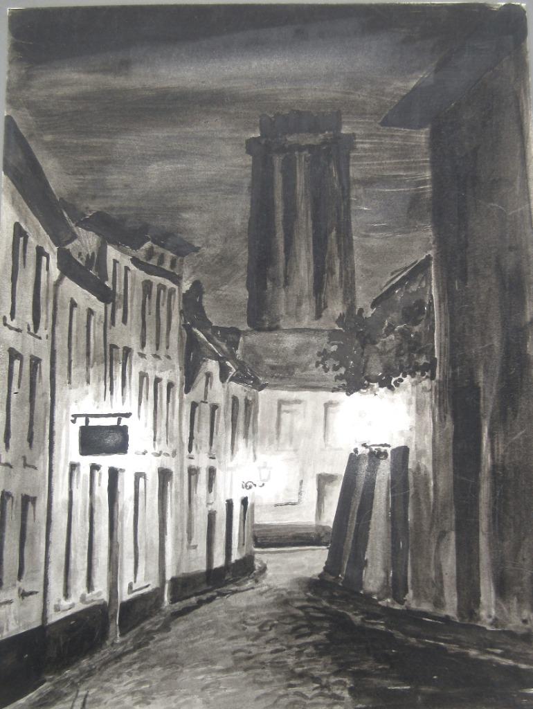 Aquarel L. Boschmans -Hertshoornstraatje (Mechelen)bij nacht, Ophalen of Verzenden