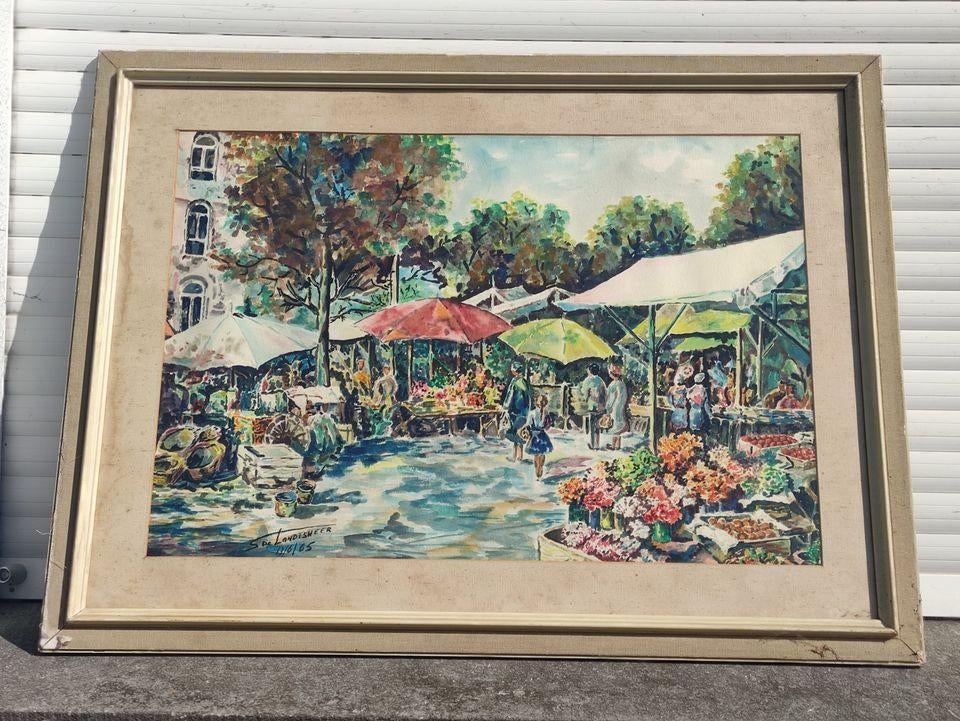 aquarelle marche aux fleur signe s de landtsheer, Ophalen of Verzenden