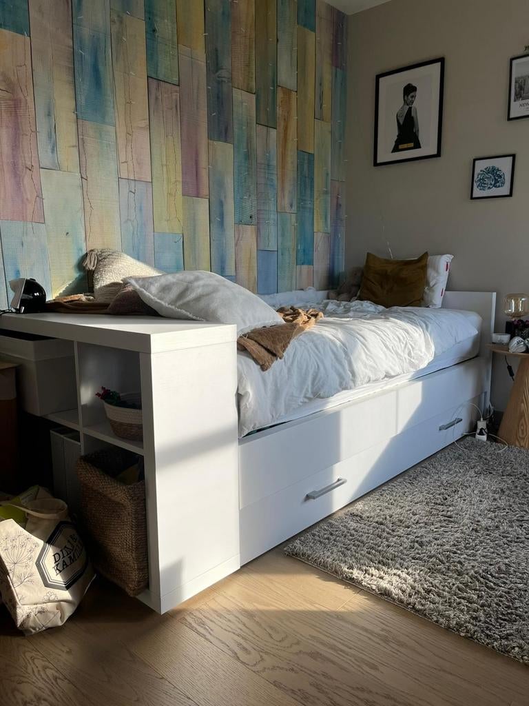 Kinderbed met schuif (incl. 2 matrassen), Ophalen, 90 cm, Eenpersoons, Wit