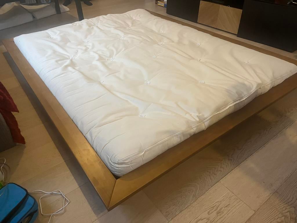 Lit Zen Futon Design, Huis en Inrichting, Slaapkamer | Bedden, Gebruikt, Twijfelaar, 160 cm, 200 cm, Hout, Bruin, Ophalen