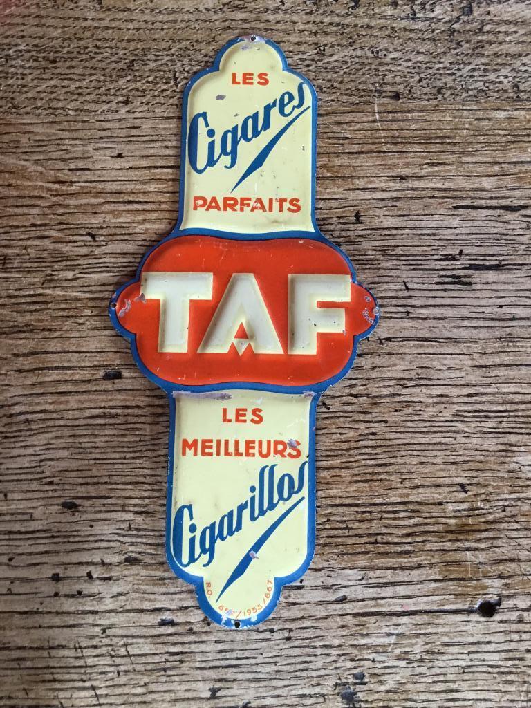 Deurplaatje reclame TAF in blik 1933, Verzamelen, Merken en Reclamevoorwerpen, Gebruikt, Reclamebord, Ophalen of Verzenden