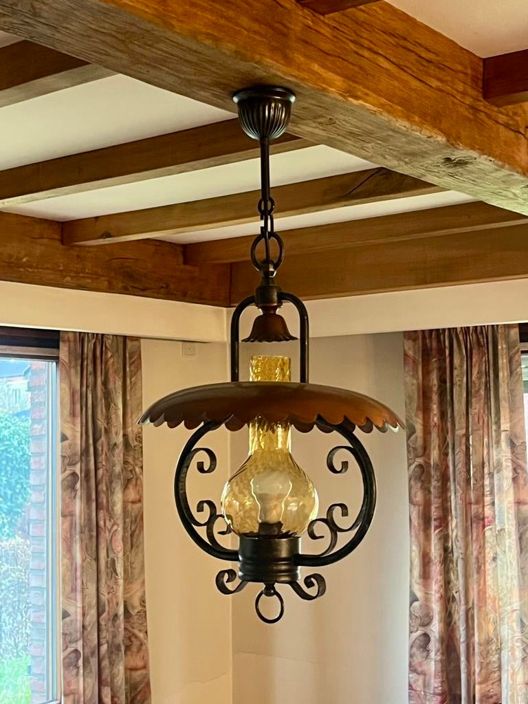 Rustieke hanglamp - smeedijzer en koper, Huis en Inrichting, Lampen | Hanglampen, Ophalen, Zo goed als nieuw