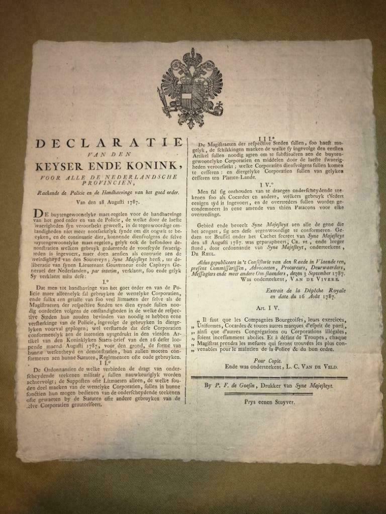 BELGIQUE - PAYS BAS AUTRICHIENS - AFFICHE 1787, Enlèvement ou Envoi, Armée de terre, Photo ou Poster