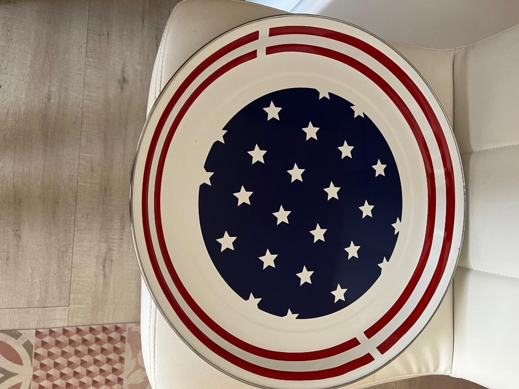 GRAND PLATEAU ROND en métal émaillée drapeau USA, Envoi, Comme neuf