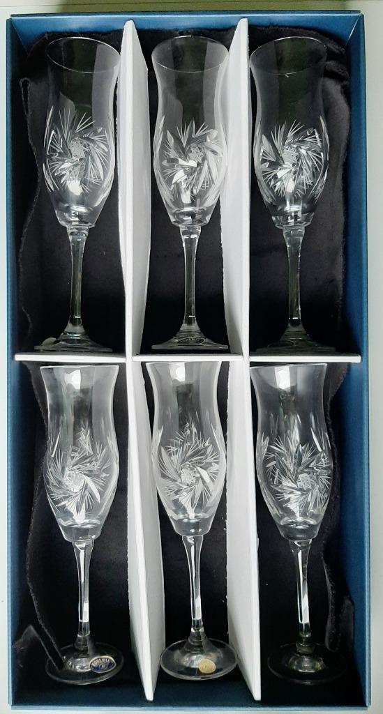 Vintage set 6 champ. glazen Boheems Kristal - handgeslepen, Ophalen, Nieuw, Overige typen