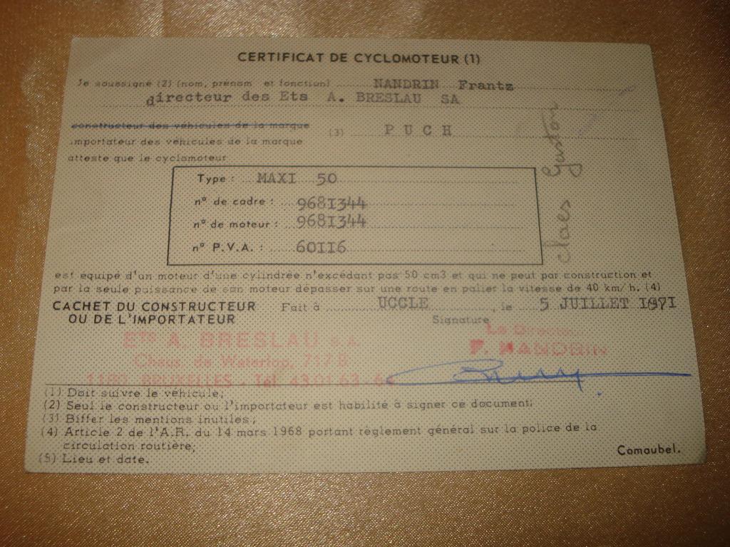 Ancien Certificat Conformité Cyclomoteur Puch Maxi 50 1971, Enlèvement ou Envoi, Autres marques