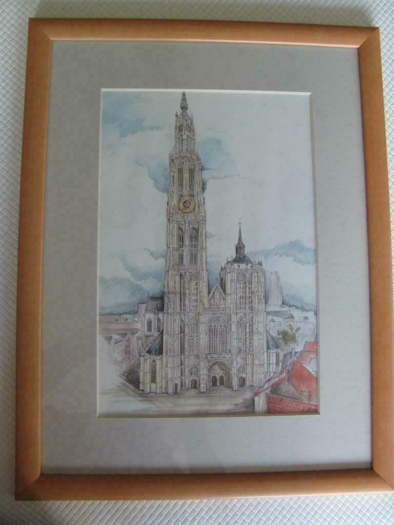 Tekening Kathedraal van Antwerpen, Antiek en Kunst, Ophalen of Verzenden