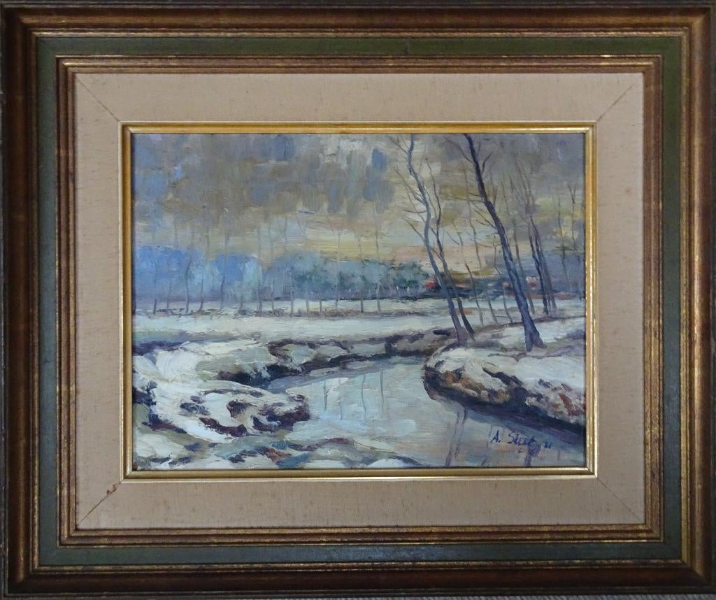 Olieverfschilderij van Albert Steel, winterlandschap, Antiek en Kunst, Ophalen of Verzenden
